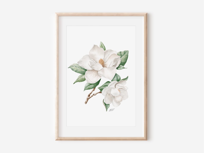 Southern Magnolia Watercolor Art Print: Minimalist Floral Decor