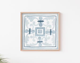 Blue and White Tile Watercolor Art Print | Square Art Print | Mediterranean Tile