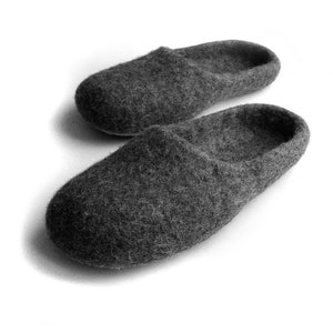 Family Slippers for Men Dark Grey Felted Wool Shoes for Dad and Son, Natural Home Clogs with Rubber or Latex Sole, Fathers Day Warm Gift image 1