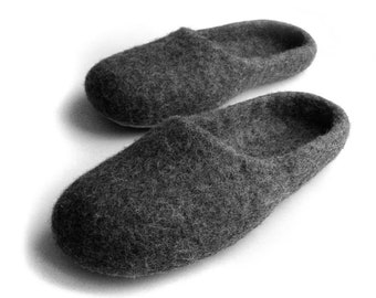 Family Slippers for Men - Dark Grey Felted Wool Shoes for Dad and Son, Natural Home Clogs with Rubber or Latex Sole, Fathers Day Warm Gift