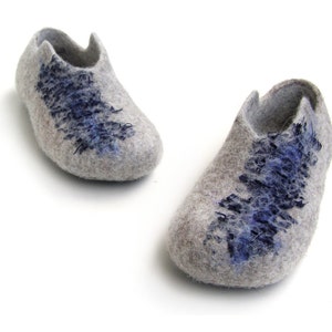 Eco Donna Pantofole in Lana Infeltrita Lino, Zoccoli in Lana Fatti a Mano Pantofola in Feltro Blu Grigio, Scarpe da Casa Donna