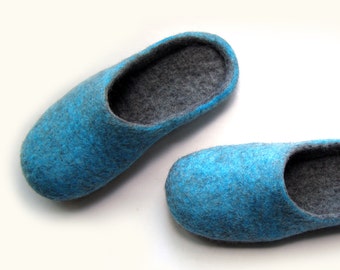 Felt Slippers women, Felted Wool Home Shoes, ECO Family Clogs Valenki, Cozy Indoor Slippers gray blue, gift for birthday or housewarming