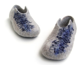 Eco Women Felted Wool Slippers Linen, Handmade Wool Clogs Blue Gray Felt Slipper,  Women House Shoes