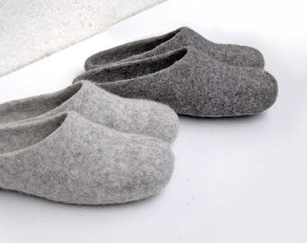 Family slippers set 2 pairs of natural felted wool Grey house shoes