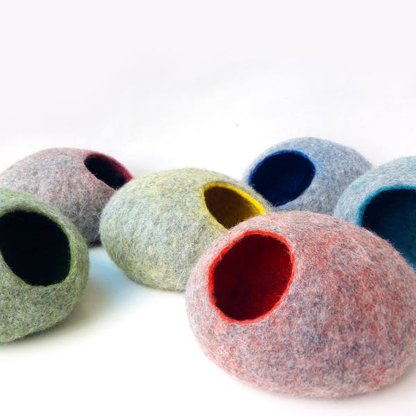 Modern Cat Cave Bed from Natural Wool, Felt Cat House Cocoon Bubble, Handmade Stylish Home Decor, Beautiful Comfy Pet Bed + GIFT cat toy