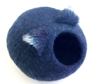 Felted Cat Cave Bed - Modern and Cozy Pet Bed made from Natural Wool for Small Pets, Cocoon Bubble Bed Gray White Black Beige+ Gift Toy Ball