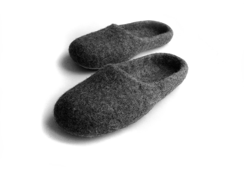 Family Slippers for Men Dark Grey Felted Wool Shoes for Dad and Son, Natural Home Clogs with Rubber or Latex Sole, Fathers Day Warm Gift image 1