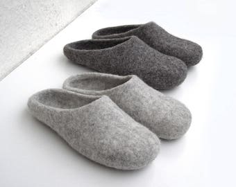 Ensemble de pantoufles familiales - 2 pantoufles en laine feutrée pour papa et fils, chaussures de maison en feutre naturel sabots semelle antidérapante cadeau de fête des pères pour papa, gris