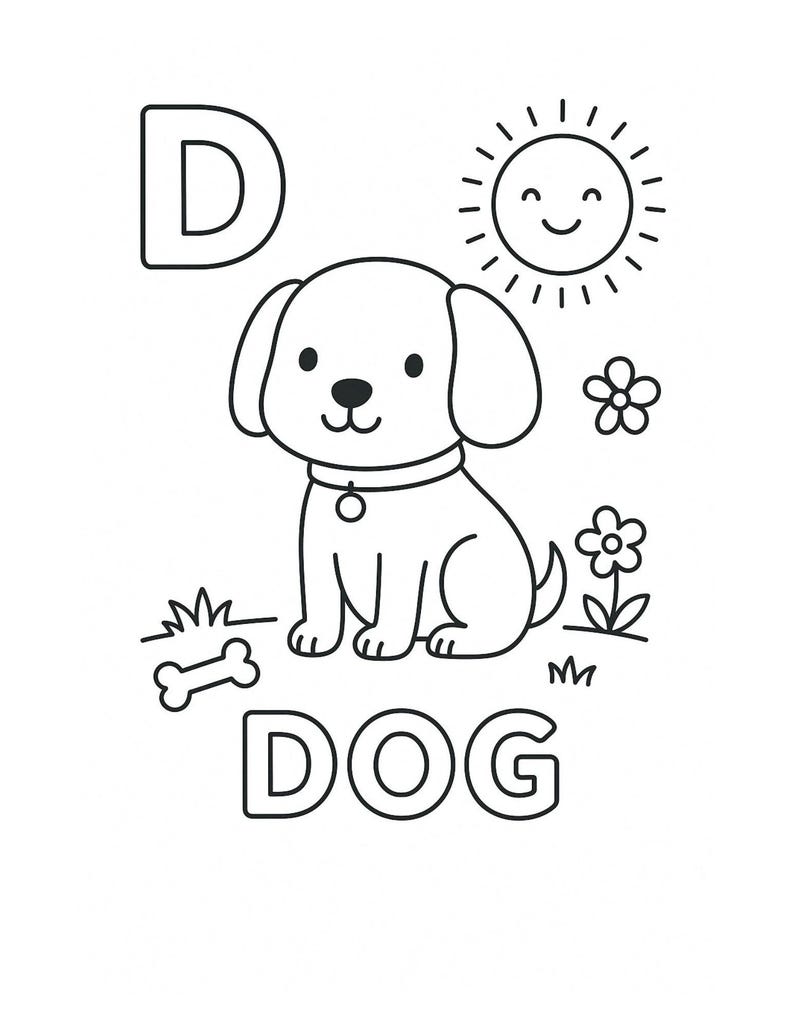 May include: Black and white line drawing of a dog with the letter "D" above it and the word "DOG" below. A smiling sun, flowers, a bone, and grass are also included in the illustration.
