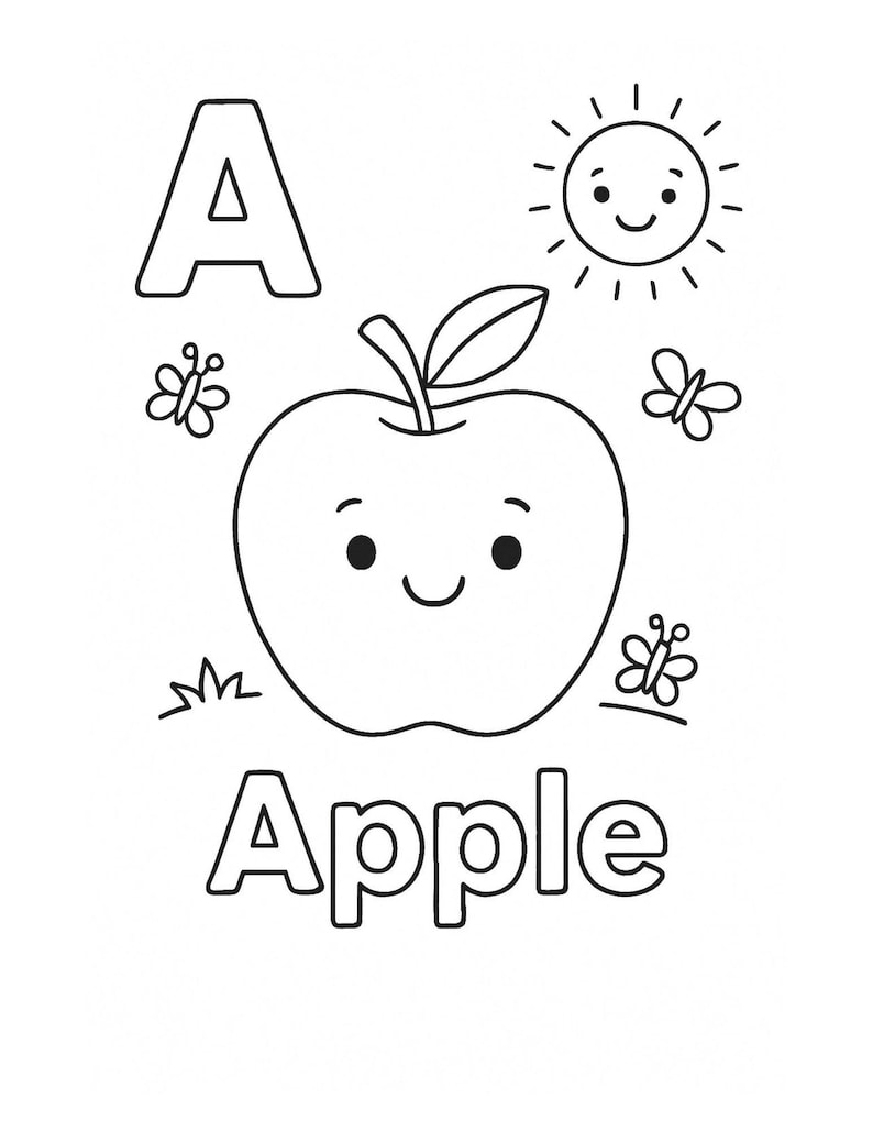May include: Black and white illustration of an apple with a smiling face, the letter "A", a smiling sun, butterflies, and the word "Apple". This image is suitable for coloring.