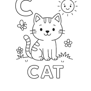 May include: Black and white illustration of a cat sitting on grass, with a smiling sun, flowers, and a butterfly. The letter "C" and the word "CAT" are above and below the cat.