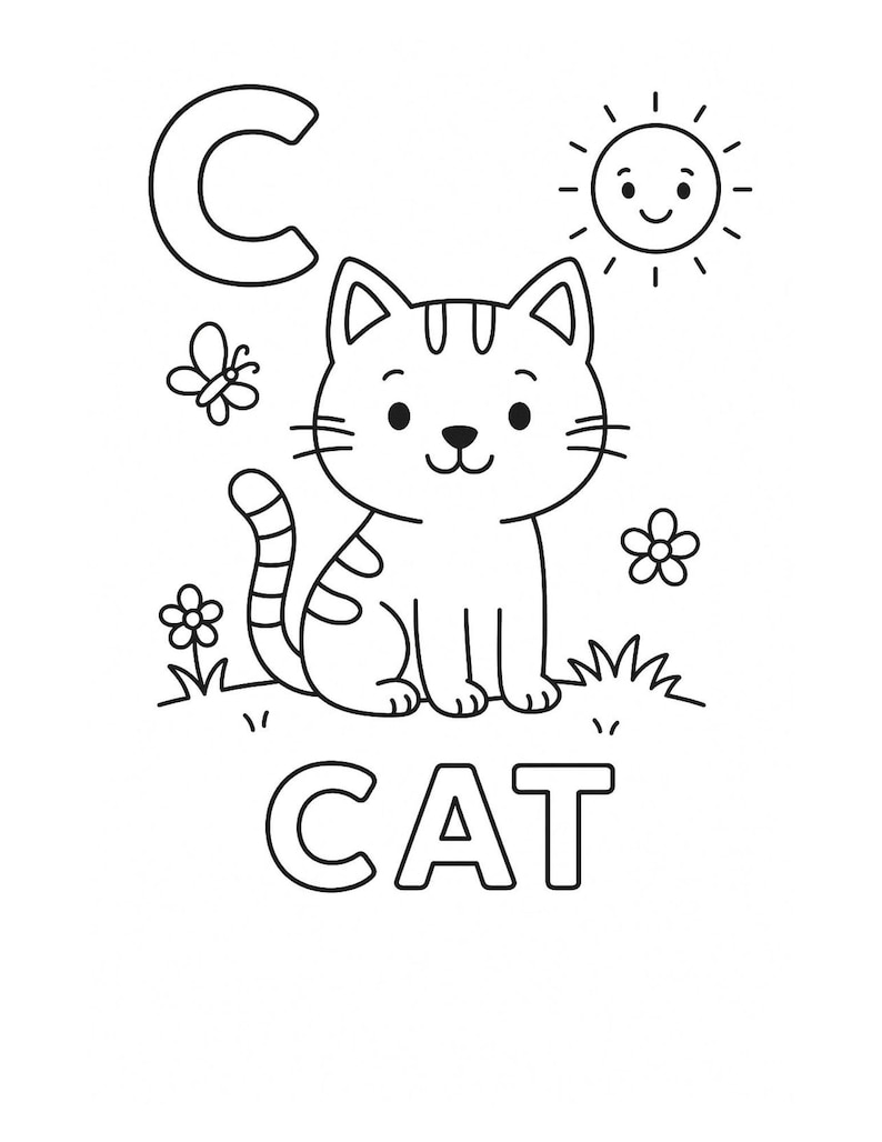 May include: Black and white illustration of a cat sitting on grass, with a smiling sun, flowers, and a butterfly. The letter "C" and the word "CAT" are above and below the cat.