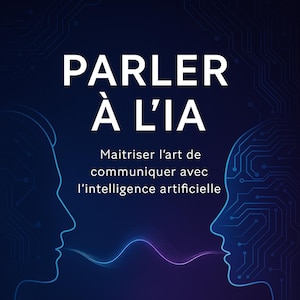 Könnte beinhalten: Ein dunkelblaues Grafikdesign mit weißem Text "PARLER À L'IA" und "Maîtriser l'art de communiquer avec l'intelligence artificielle". Silhouetten von zwei Köpfen mit Leiterplattenmustern sind auf beiden Seiten.