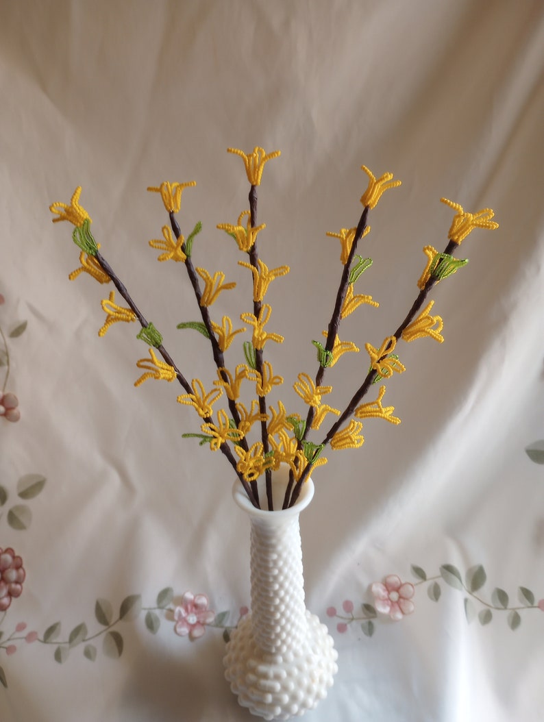 French Beaded Flowers Yellow Forsythia Branches image 1