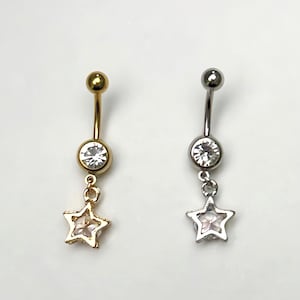 Stainless Steel Gold Silver Star Belly Ring with Cubic Zirconia Crystals – Handmade Y2K Navel Jewelry, Female Body Jewelry