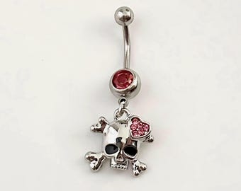 Piercing all'ombelico con teschio e strass rosa - Piercing all'ombelico pendente in argento 14G / Grazioso gioiello per il corpo gotico / Estetica alternativa da ragazza Y2K / Ossa incrociate scintillanti