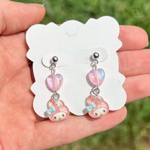 Iridescent Pink Heart My Melody Dangle Earrings – Cute Rainbow Cartoon Earrings, Kawaii Pastel Holographic Jewelry, Fairycore Gift for Her