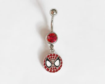 スパイダーマン へそピアス - スパイダーウェブマスク ダングルへそピアス シルバートーン ステンレススチール ボディジュエリー マーベルファン スーパーヒーロー レッドジェム