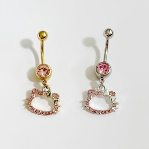 Piercing de umbigo Hello Kitty dourado ou prateado – Piercing de umbigo com cristal de strass rosa, joia fofa para umbigo, piercing 14G, estilo Y2K Sanrio
