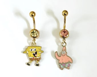 SpongeBob & Patrick Belly Button Rings | Gold-Tone Bikini Bottom Besties Navel Jewelry | Nostalgic Cartoon Belly Piercing by Cherry Island