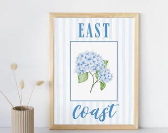 East Coast Hydrangea Watercolor Art: Blue Striped Nautical Print (PDF Download)