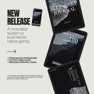 Puede incluir: Un planificador digital en blanco y negro con el texto "SELF-CARE JOURNAL" y "100 CHALLENGE". El planificador está diseñado para ayudar a crear mejores hábitos, suavemente. Presenta un diseño limpio y relajante, y es adecuado para su uso en iPad, dispositivo móvil o en versión impresa.