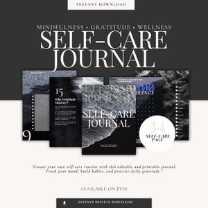 May include: A digital printable self-care journal with a black and white design featuring a textured ocean wave background. The journal includes 34 pages with prompts for daily mindfulness, gratitude, and wellness.