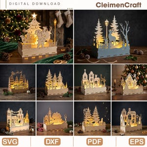 Puede incluir: Una colección de diez dioramas navideños de madera cortados con láser que muestran escenas iluminadas de Papá Noel, renos, bosques de pinos y edificios de aldeas. Estas cajas de luz decorativas son archivos digitales en formatos SVG, DXF, PDF y EPS.