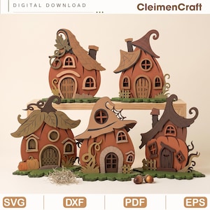 May include: Five layered wooden pumpkin house designs featuring orange pumpkin bodies, brown roofs, and green bases. The text "DIGITAL DOWNLOAD" and "CleimenCraft" appear at the top, with "SVG", "DXF", "PDF", and "EPS" labels at the bottom.