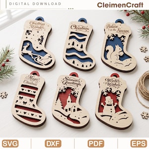 3D Layered Christmas Stocking Ornament Laser Cut Bundle, Winter Scene Files, Glowforge LightBurn Template