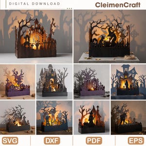 May include: A collection of ten laser-cut wooden Halloween-themed shadow box dioramas featuring haunted houses, witches, graveyards, and pumpkins. Each box is illuminated from within, casting intricate silhouettes against the wall behind.