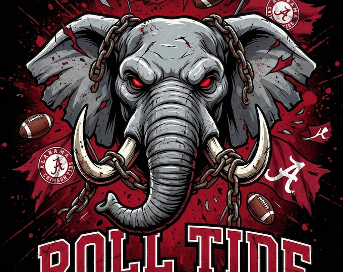 Aggressive Alabama Elephant Mascot PNG | Dark Grunge Football Design | Fierce Crimson Tide DTF Transfer | Roll Tide Game Day Sublimation