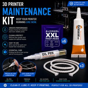 May include: A 3D printer maintenance kit containing a 10g tube of high-performance grease, an oil pen for precision lubrication, six XXL alcohol prep pads, and three pieces of white gear floss cleaning string for printer care and cleaning.