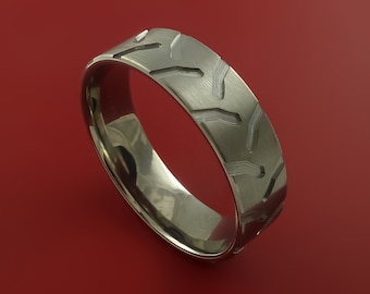 Titanium Tractor Tread Carved Design Ring Bold Unique Band Custom Made to Any Sizing 4-22