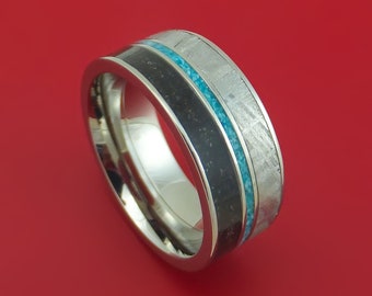 Titanium Black Dinosaur Bone and Gibeon Meteorite Ring with Turquoise Inlay Custom Made Fossil Band