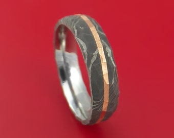 Damascus Steel Rock Hammered Ring with Angled 14k Rose Gold Inlay Custom Band