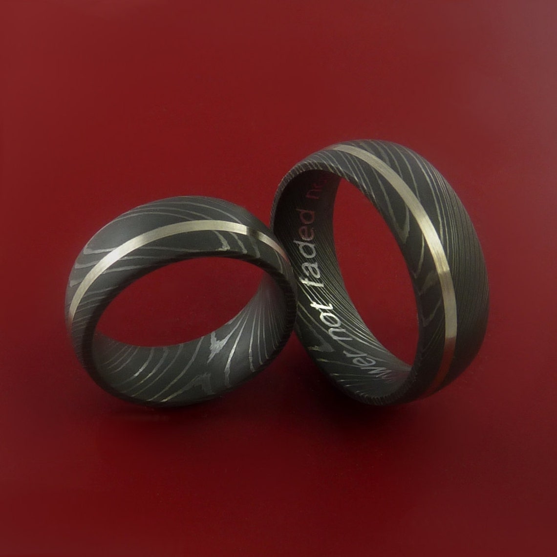 Matching Set 14k White Gold Damascus Steel Ring Wedding Bands Etsy