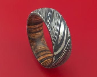 Kuro Damascus Steel Ring with Ziricote Hardwood Sleeve Custom Made Wood Band