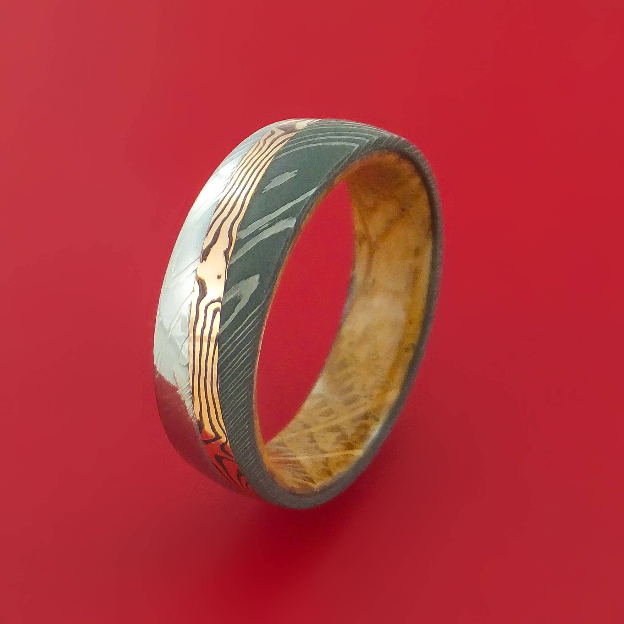 Damascus Steel Ring With Diagonal Rose Gold Mokume Shakudo Etsy Canada