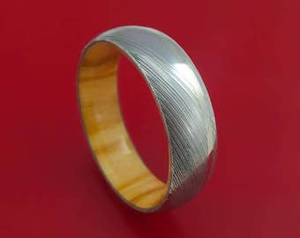 Damascus Steel Ring with 14k White Gold Inlay and Olive Wood Hardwood Interior Sleeve Custom Made Band