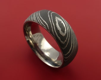 Damascus Steel Ring with Titanium Band Interior Sleeve