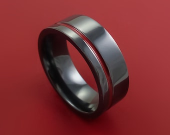 Black Zirconium Ring Traditional Style Band with Red Center Inlay Made to Any Sizing and Finish