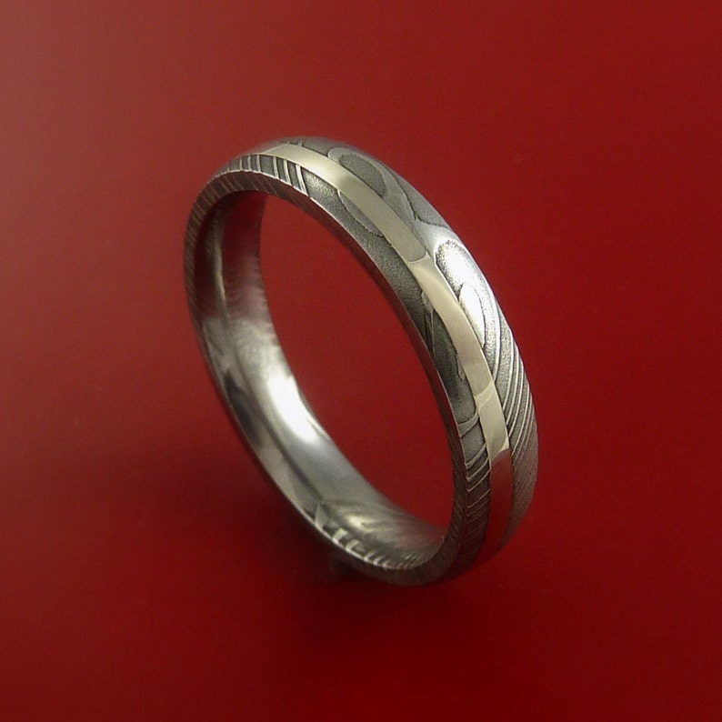 Damascus Steel Ladies 14K White Gold Ring Hand Crafted Wedding Band Custom Made image 1