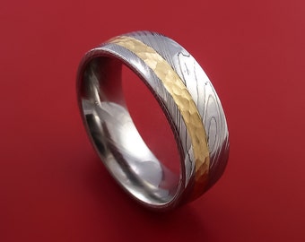 Damascus Steel 14K Yellow Gold Ring Wedding Band Custom Made Hammer Finish