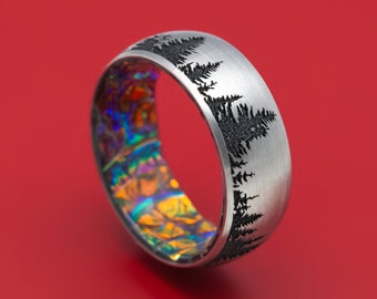 Titanium and Pine Tree Design Band With Dichrolam Sleeve Ring Custom Made Band