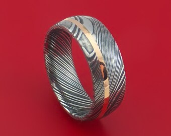 Kuro Damascus Steel Ring and 14k Rose Gold Wedding Band Genuine Craftsmanship Custom Made