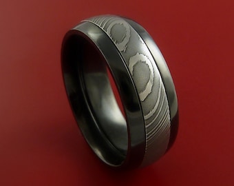 Black Zirconium and Damascus Steel Band Custom Made Ring