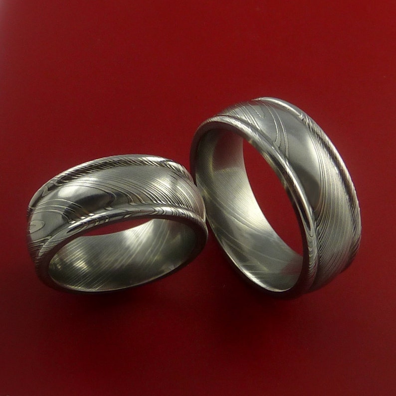 Matching Damascus Steel Ring Set Wedding Bands Genuine Etsy