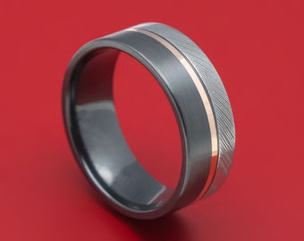 Black Zirconium Ring with Damascus Steel and 14K Gold Inlay Custom Made Band