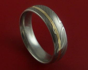 Damascus Steel 14K Yellow Gold Ring Wedding Band Custom Made 3-22